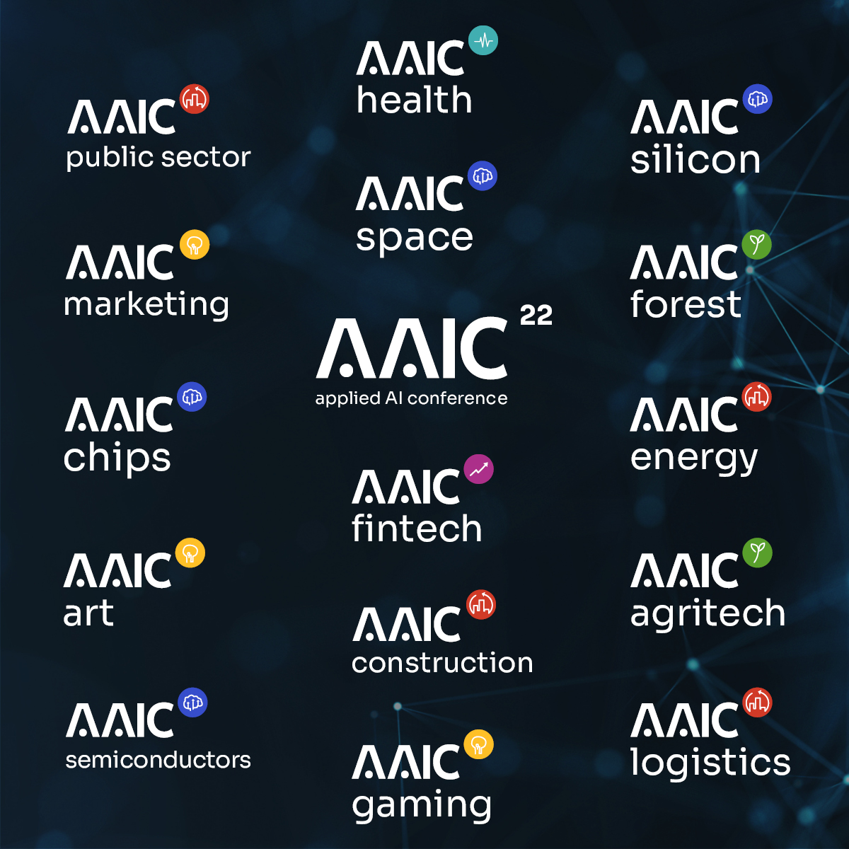The AAIC master mark with all vertical variants: health, space, marketing, chips, fintech, art, semiconductors, gaming, construction, public sector, silicon, forest, energy, agritech, logistics