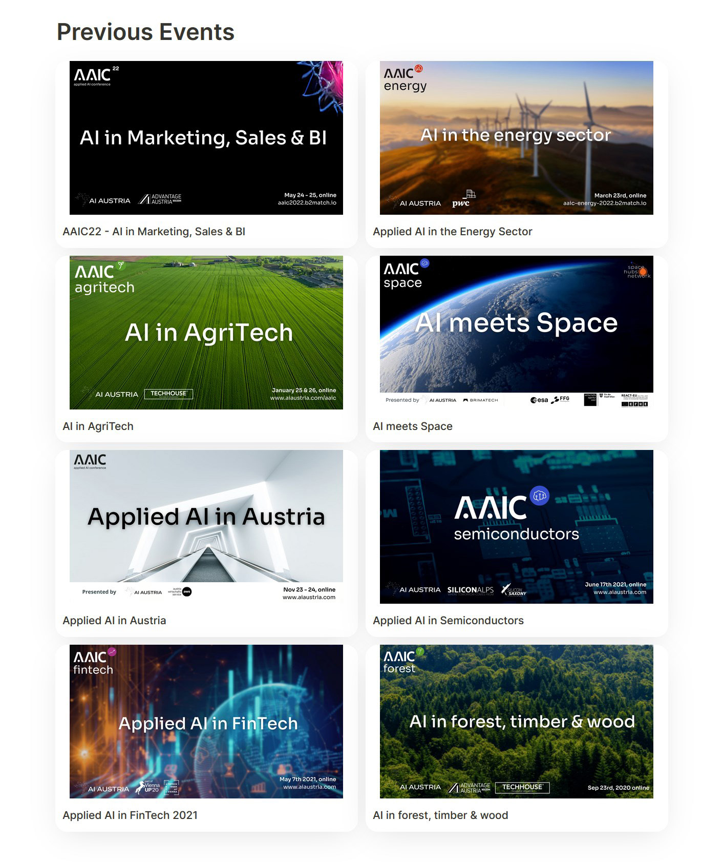 AAIC previous events grid: marketing, energy, agritech, space, semiconductors, fintech, forest, Austria editions