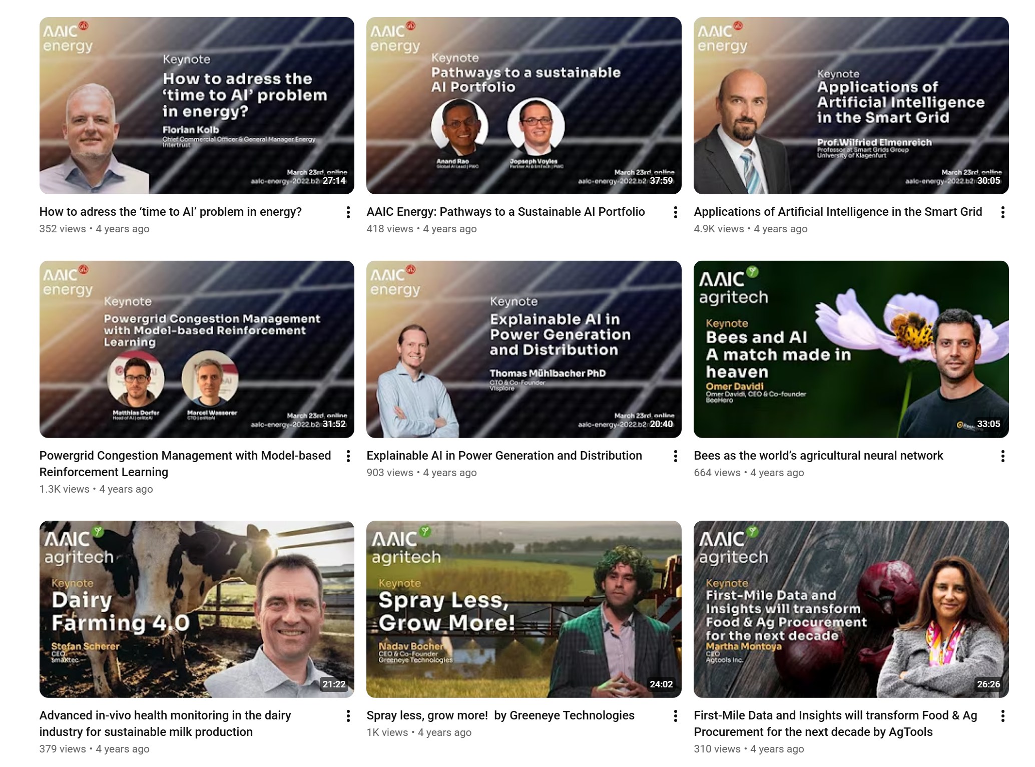 AAIC YouTube keynote thumbnails grid: dozens of speakers across energy and agritech editions, all reading as one brand