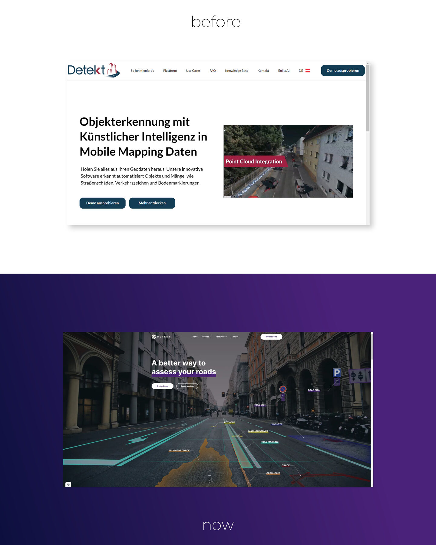 Detekt website before and after the rebrand