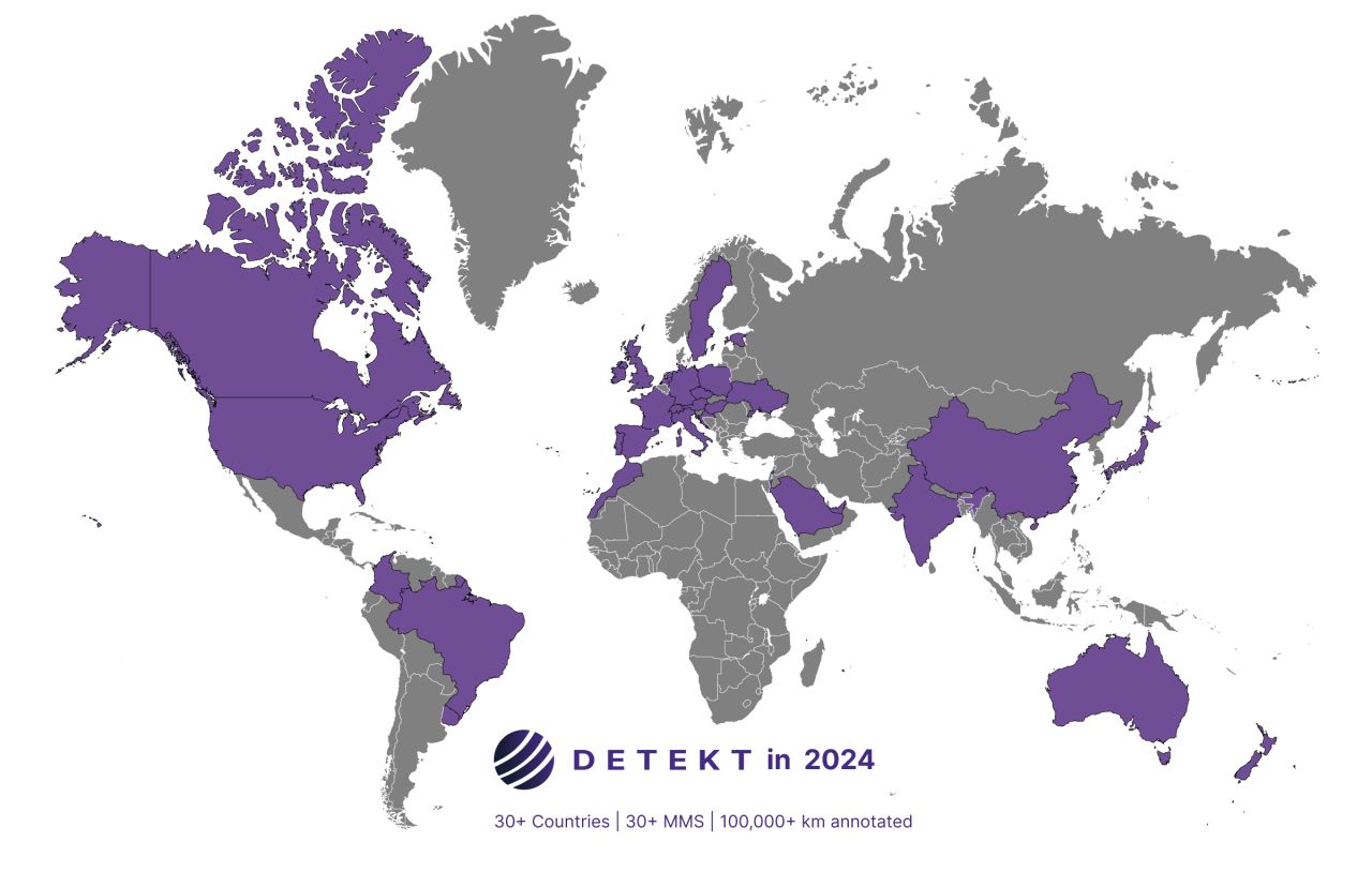 Map showing Detekt's reach in 2024: 30+ countries, 30+ mobile mapping systems, 100,000+ km annotated