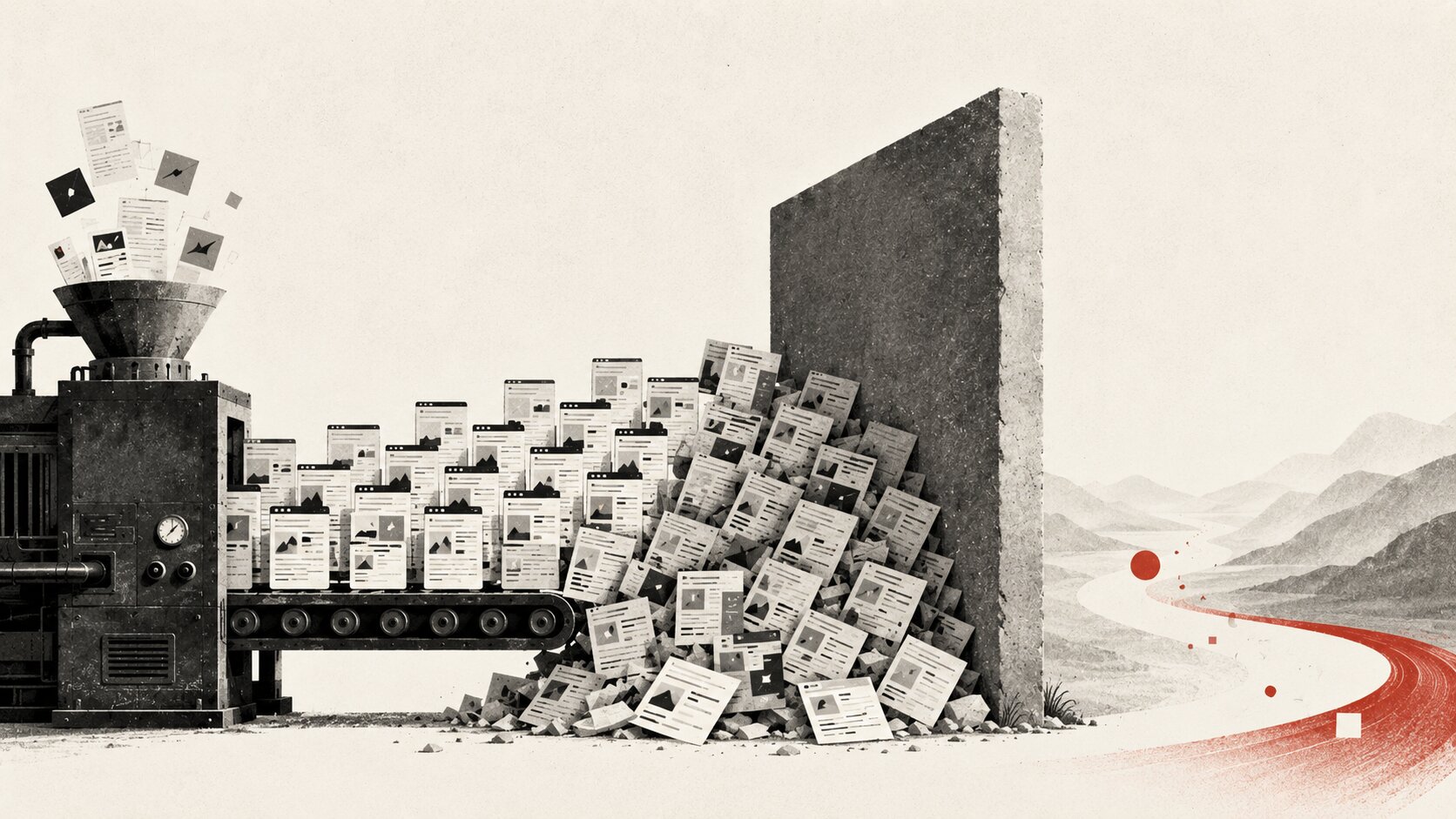 Illustration: an industrial machine on a conveyor belt pumping out identical pages that pile up against a tall grey wall. To the right of the wall, a winding red path leads off into a distant mountain landscape.