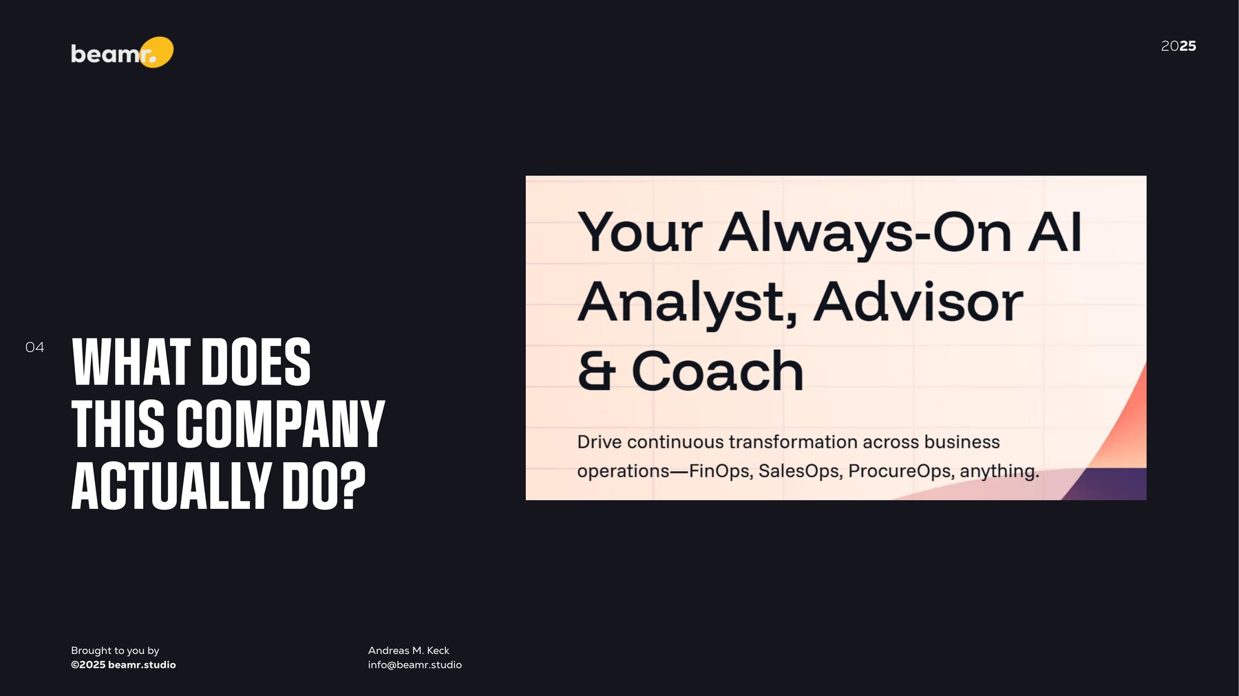 Slide showing the Klarity headline next to the question: What does this company actually do?