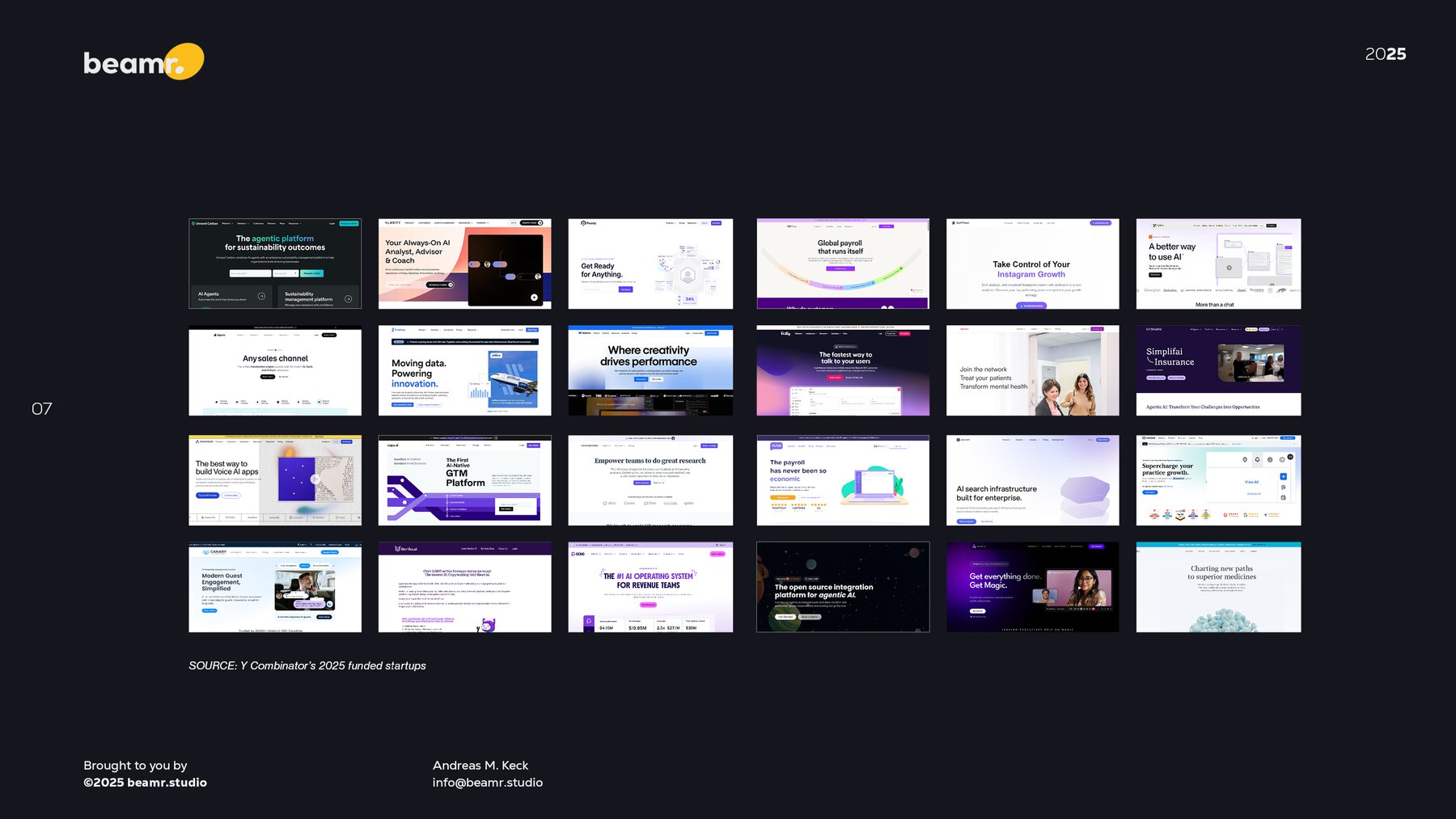 A grid of twenty-four Y Combinator 2025 startup landing pages. They all sound the same, look the same, and lean heavily on blue and purple gradients.
